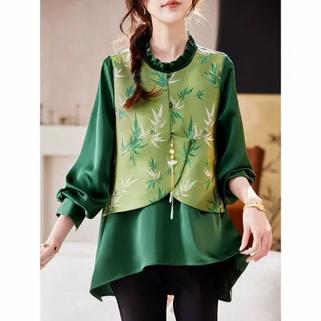 宝诗黎假两件新中式拼接提花衬衫2025春季国风气质休闲宽松衬衣女商品大图