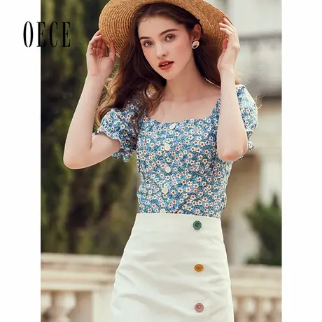 Oece春夏新款女装复古港味小碎花衬衫设计感小众泡泡袖上衣商品大图
