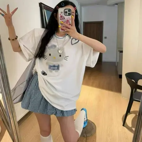 韩版2025夏季新款卡通印花圆领短袖中长款宽松休闲百搭上衣T恤女图片