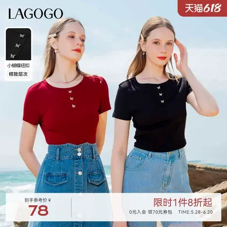LAGOGO酒红色蝴蝶结短款T恤女拉谷谷2025年夏季新款修身短袖上衣图片