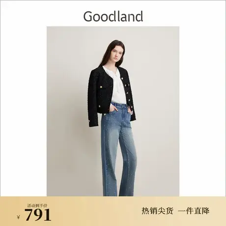 Goodland美地春季法式优雅小香风花纱闪丝肌理感短外套图片