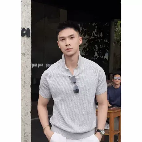 老钱风夏季潮牌翻领短袖纯色时尚百搭休闲POLO衫轻熟风T恤上衣图片