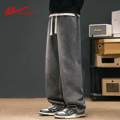 回力黑色直筒牛仔裤男春秋季2025新款美式高街男生宽松休闲长裤子图片