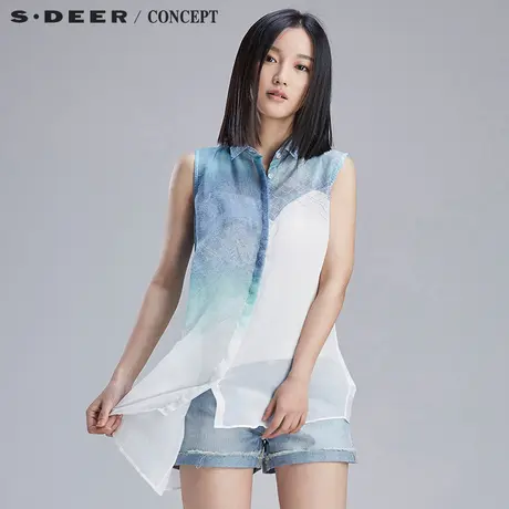 S·🌂DEER＼�ONCEPT【🌄新品】🌅圣迪奥线条印花斜摆无袖衬衫S16280640商品大图