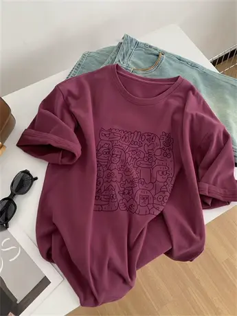 设计感卡通圆领磨毛短袖女宽松大版显瘦减龄百搭T恤打底衫春夏款商品大图