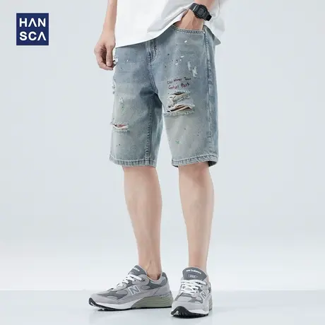 hansca夏季薄款破洞牛仔短裤男潮牌涂鸦五分裤子宽松直筒痞帅中裤图片
