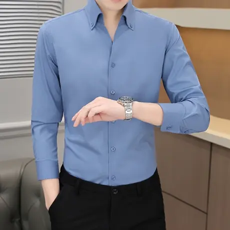 蓝衬衫男士长袖春秋季商务休闲免烫职业工装上衣上班办公西装寸衫商品大图