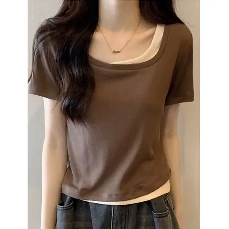 小个子短款纯棉半袖T恤女修身韩版打底衫夏季百搭假两件短袖上衣商品大图