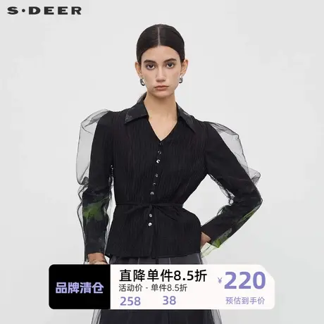 sdeer圣迪奥女装翻领肌理收腰印花网纱衬衫S233Z0513⬛商品大图