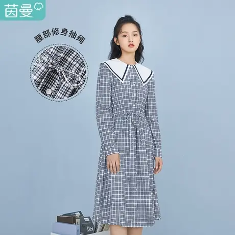 茵曼休闲女2023春季新款收腰显瘦格纹娃娃翻领甜美百搭长袖连衣裙商品大图