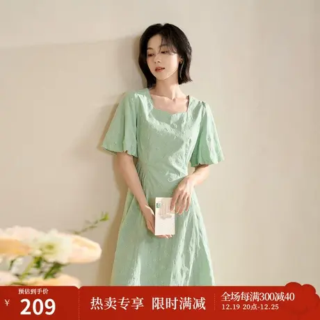 【商场同款】茵曼2023春季女装新款法式甜美灯笼袖收腰A字连衣裙图片