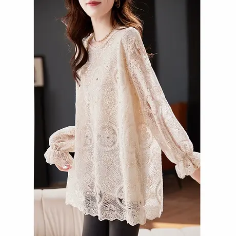 宝诗黎圆领钉珠刺绣镂空雪纺衫2025春季气质宽松洋气百搭衬衣女商品大图