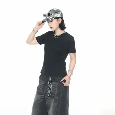 YEP复古纯色正肩短袖t恤女夏季新款修身短款上衣街头辣妹风半袖潮商品大图