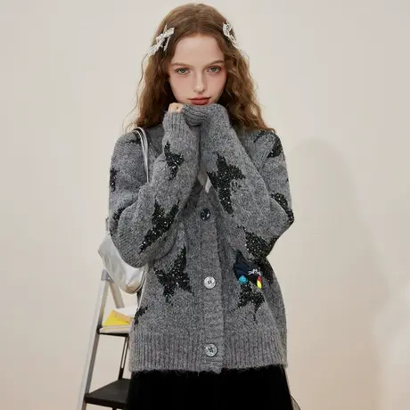 a02V领开衫蝴蝶亮片宽松百搭上衣秋季慵懒学院风女式针织衫商品大图