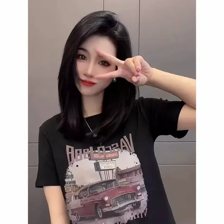 复古印花圆领黑色短袖2025夏季t恤女新款爆款欧货宽松正肩常规图片