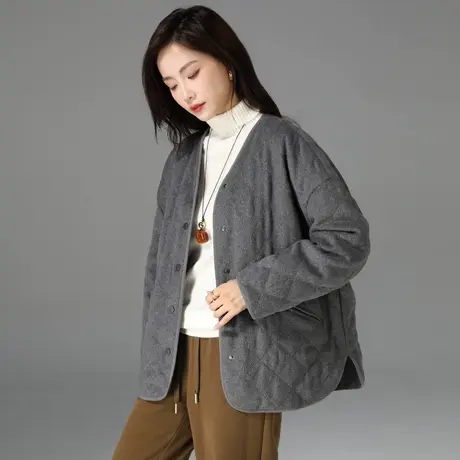 灰色格子羽绒服女冬季新款宽松v领夹克开衫休闲上衣羊毛鸭绒外套商品大图