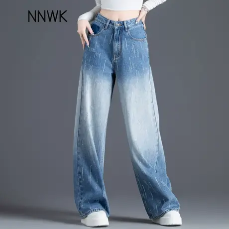 亮钻烫钻牛仔裤女2025新款夏季薄款渐变色阔腿裤高腰宽松直筒长裤商品大图