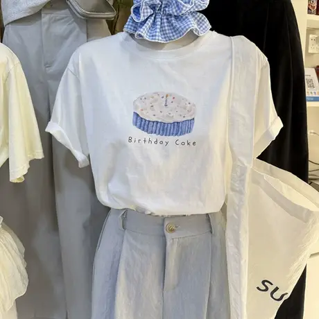 韩版夏季新款十三行宽松圆领印花设计通勤休闲百搭套头短袖T恤衫商品大图