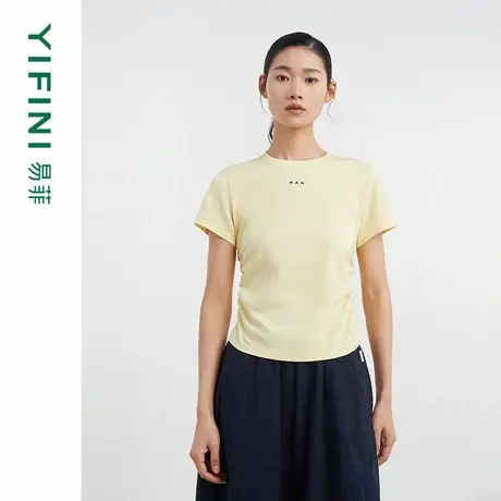 [专柜同款]Yifini/易菲圆领短袖缩褶修身短款T恤女百搭上衣25夏装图片