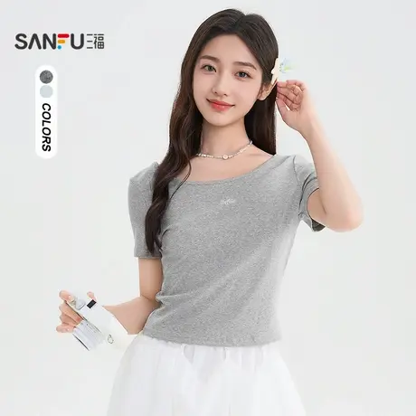 三福短T恤2025夏季刺绣露背串珠镂空V领短款上衣女装503658商品大图