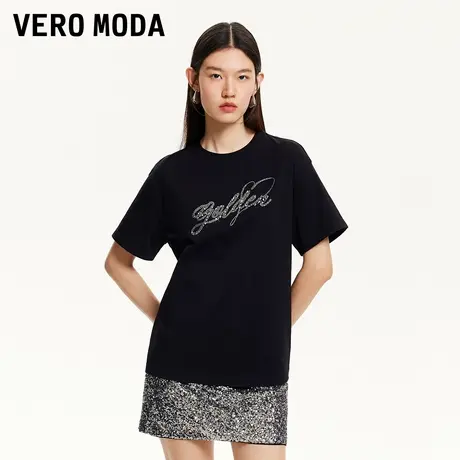 Vero Moda奥莱T恤女2025夏季新款圆领宽松闪钻字母休闲纯棉百搭商品大图