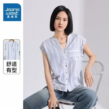 LY真维斯女装2025春季新款 女式短袖条子衬衫时尚潮流V领口袋上衣商品大图