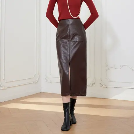 希区瑞普优雅高级感复古直筒新款PU皮开叉包臀半身裙商品大图