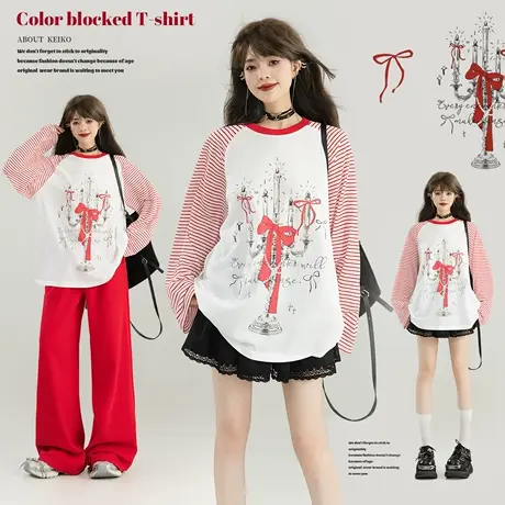 KEIKO 甜系复古轻薄插肩袖t恤女早秋美式休闲宽松慵懒松弛感上衣图片