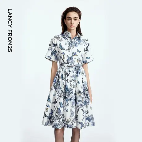 朗姿纯棉印花衬衫领裙子法式气质高级感2025年夏季新款连衣裙女商品大图
