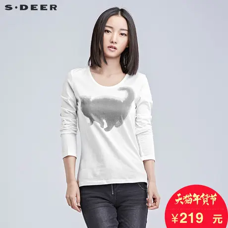 sdeer圣迪奥女2018冬装简约抽象动物印花长袖T恤打底衫S16480240图片
