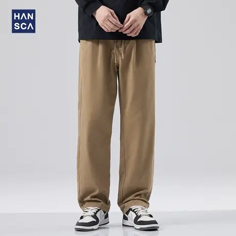 hansca纯棉休闲裤男2023新款秋季简约日系宽松复古阔腿直筒长裤子商品大图