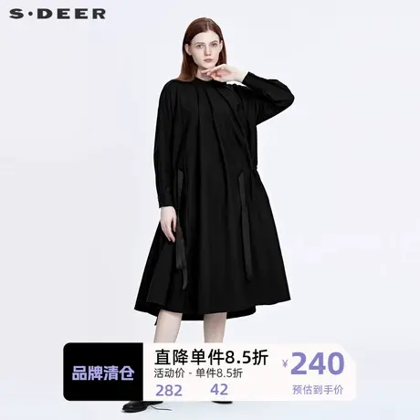 sdeer圣迪奥女装圆领抽褶收腰飘带不规则连衣裙S22161219图片