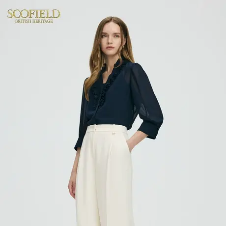 Scofield女装静奢风两件套衬衫V领荷叶边七分袖上衣2025夏季新品图片