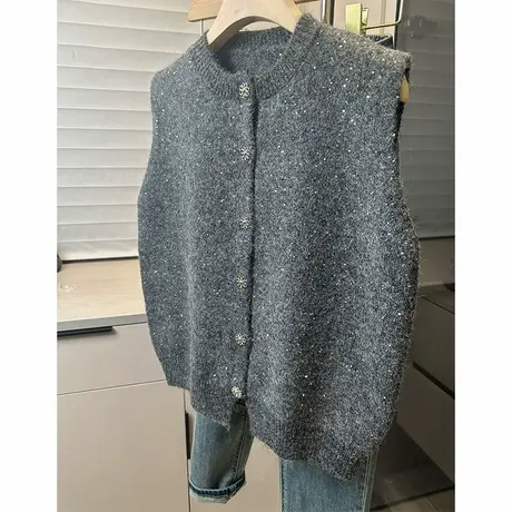 圆领针织马甲开衫女2025年春装新款亮片洋气针织马夹背心上衣商品大图