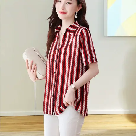 时尚条纹气质短袖衬衫女夏装2025新款宽松显瘦气质百搭遮肚子上衣商品大图