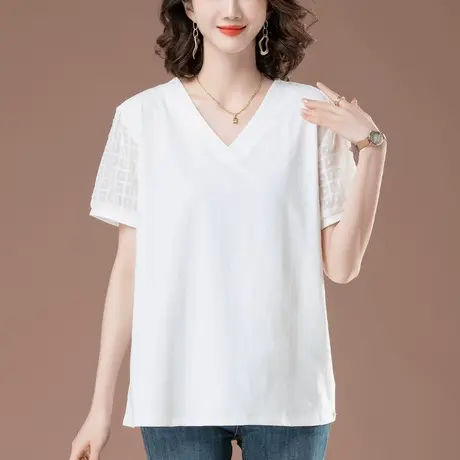 妈妈夏装纯棉短袖T恤女宽松加肥加大码女装中年休闲雪纺v领体恤衫图片