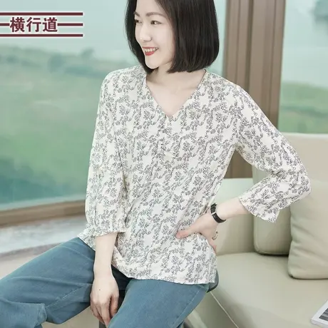 2025春季新款淑女休闲V领碎花宽松七分袖雪纺衫女装大码外穿上衣商品大图