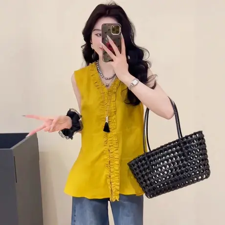 黄色V领小衫衬衫女士2025新款夏季设计感木耳边法式无袖上衣衬衣商品大图