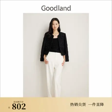 Goodland美地女装春季法式优雅小香风亮丝粗花呢短外套图片