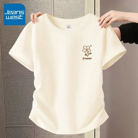 KV真维斯杏色抽褶短袖t恤女2025新款夏 正肩体恤休闲半袖短款上衣商品大图