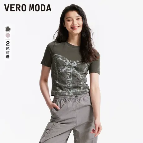 Vero Moda奥莱T恤女夏季新款休闲含棉仿牛仔印花短袖修身上衣商品大图