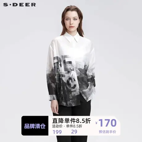 sdeer圣迪奥女装时尚翻领字母印花不规则长款衬衫S22180524🅰商品大图