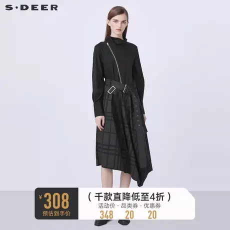 sdeer圣迪奥春秋装高领拼接格纹收腰不规则连衣裙S21381221🌤商品大图