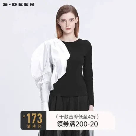 sdeer圣迪奥女春圆领撞色衬衫拼接夸张长袖T恤S22180202🧞商品大图