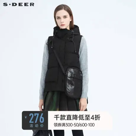 sdeer圣迪奥冬季高领连帽带包不规则黑色羽绒背心马甲女S20481607🍝商品大图