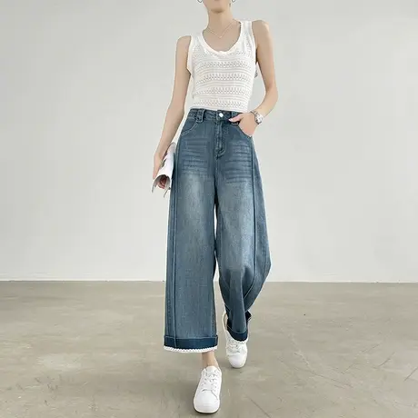 莱赛尔天丝棉蕾丝花边拼接牛仔裤女夏季薄款直筒九分翻边阔腿裤子商品大图