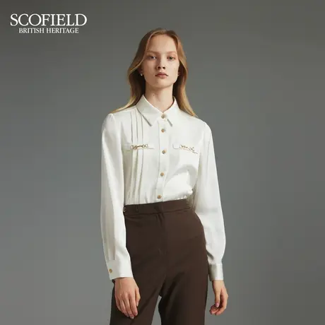 Scofield女装优雅翻领褶皱雪纺衫气质通勤上衣秋季衬衣口袋装饰商品大图