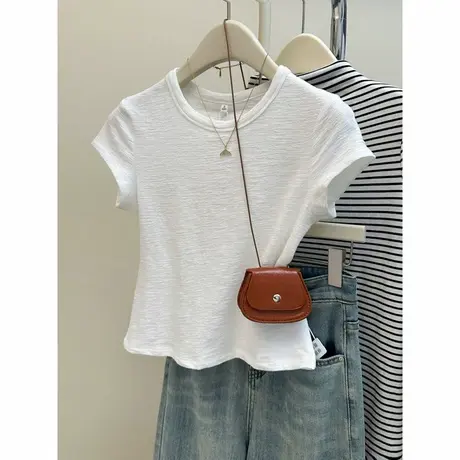 肌理褶皱感短袖T恤女夏季韩版修身内搭外穿打底衫短款正肩上衣潮商品大图