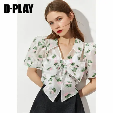 DPLAY德帕拉夏新法式复古甜美泡泡袖蝴蝶结小衫短款碎花上衣商品大图