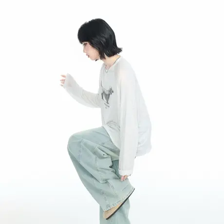 夏季美式复古腊肠小狗印花长袖T恤女宽松慵懒风薄款外搭防晒罩衫图片